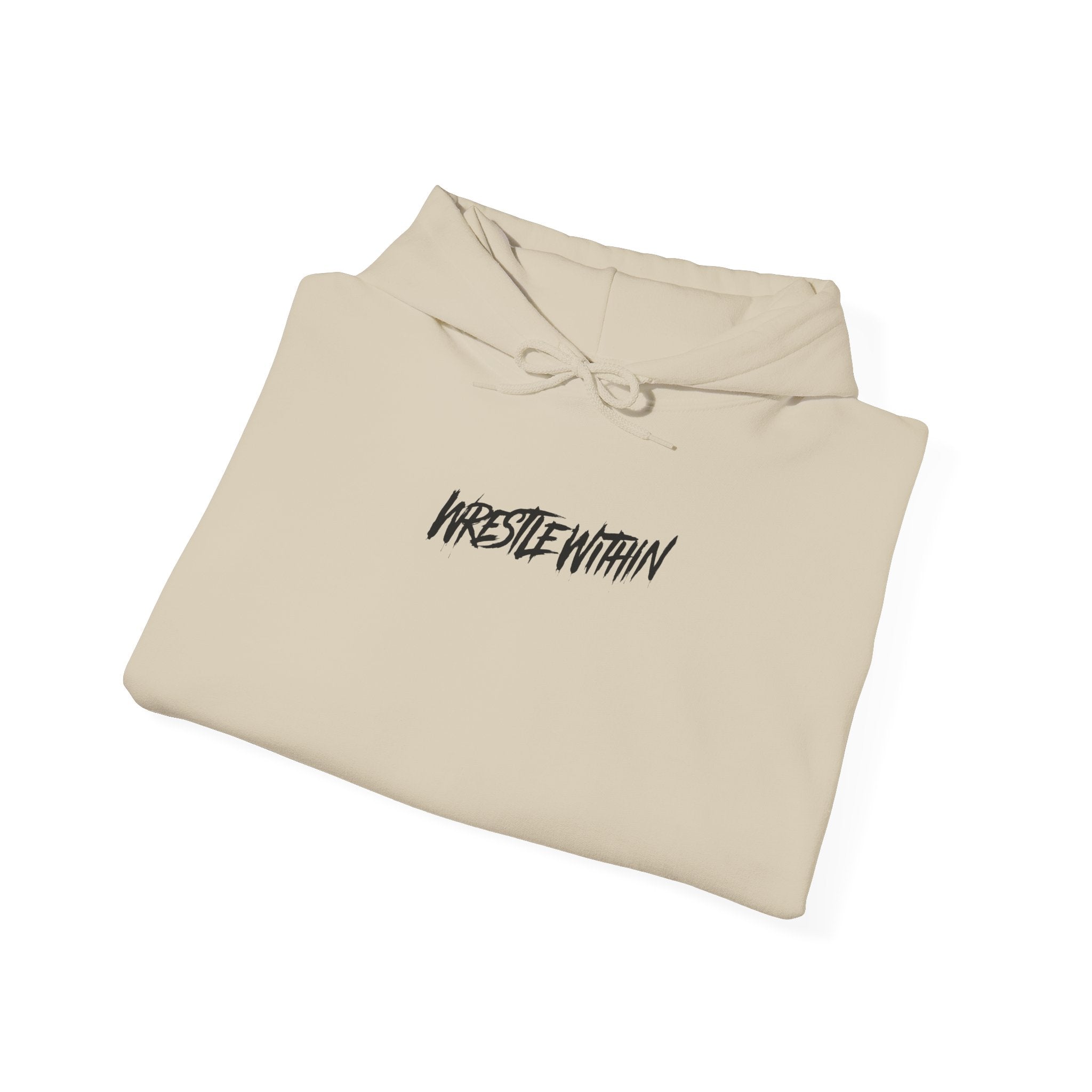 Wrestle Within Hoodie — Minimal Front Logo & Multilingual Back Graphic