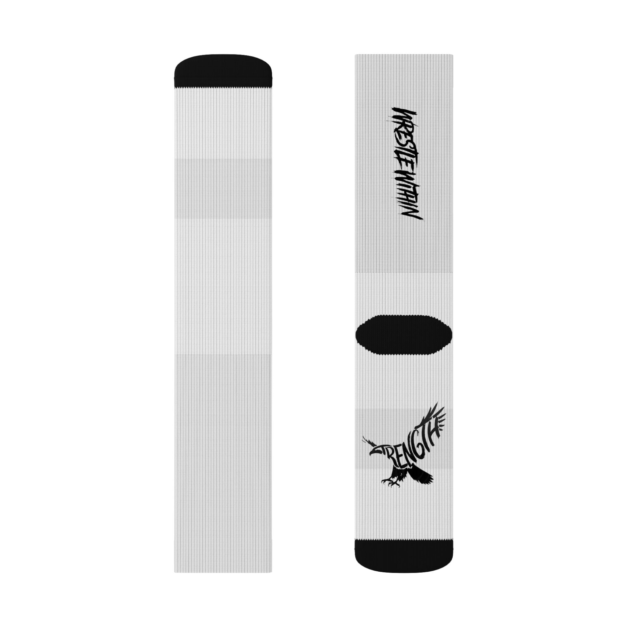 White Sublimation Crew Socks with Black Accent & Gothic Script Logo