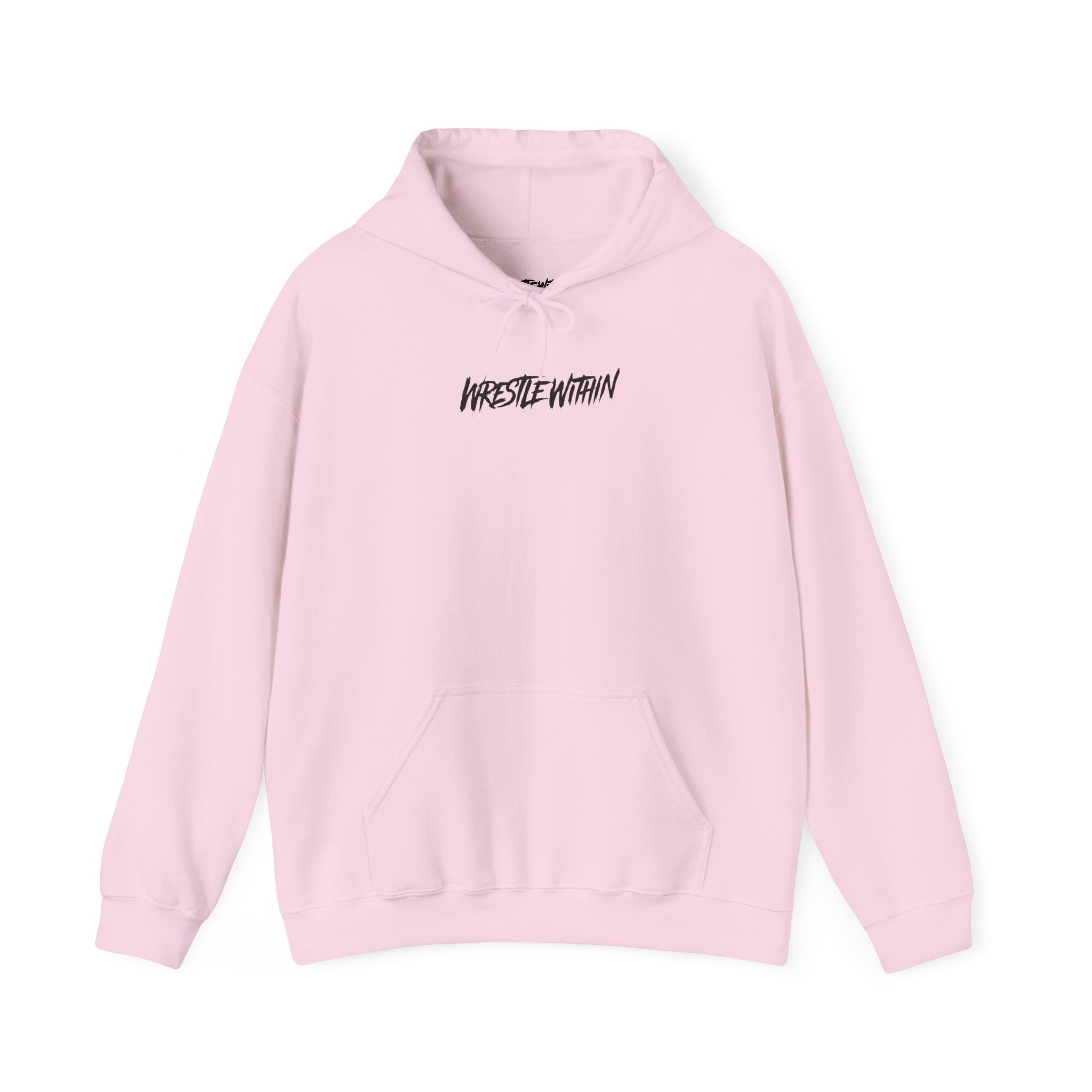 Wrestle Within Hoodie — Minimal Front Logo & Multilingual Back Graphic