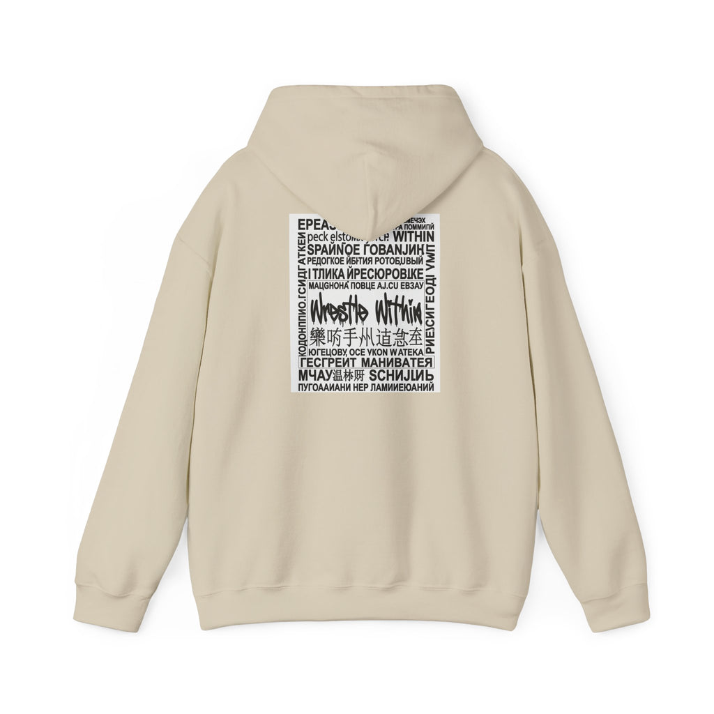 Wrestle Within Hoodie — Minimal Front Logo & Multilingual Back Graphic