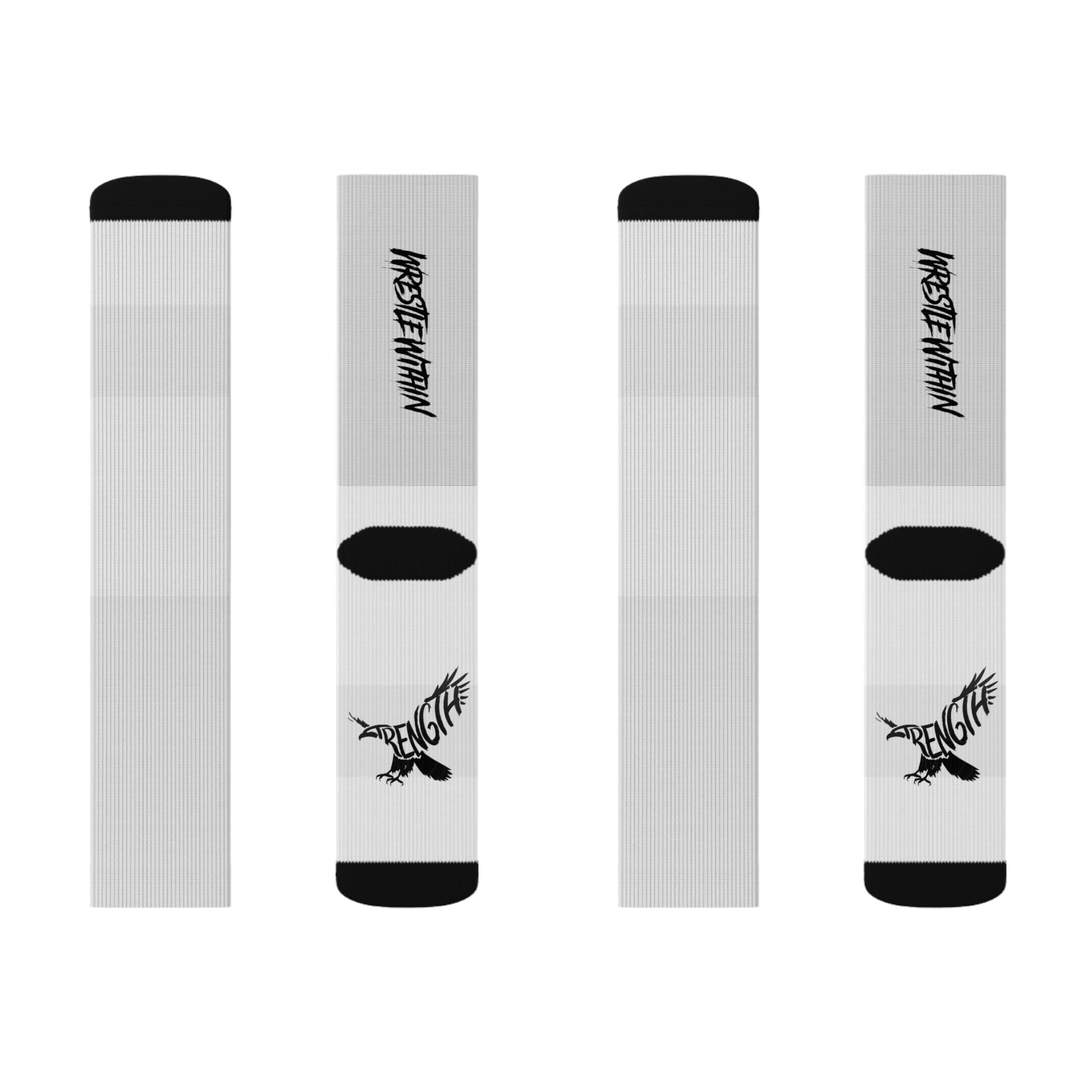 White Sublimation Crew Socks with Black Accent & Gothic Script Logo