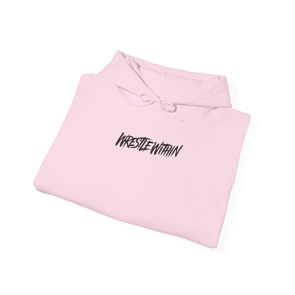 Wrestle Within Hoodie — Minimal Front Logo & Multilingual Back Graphic
