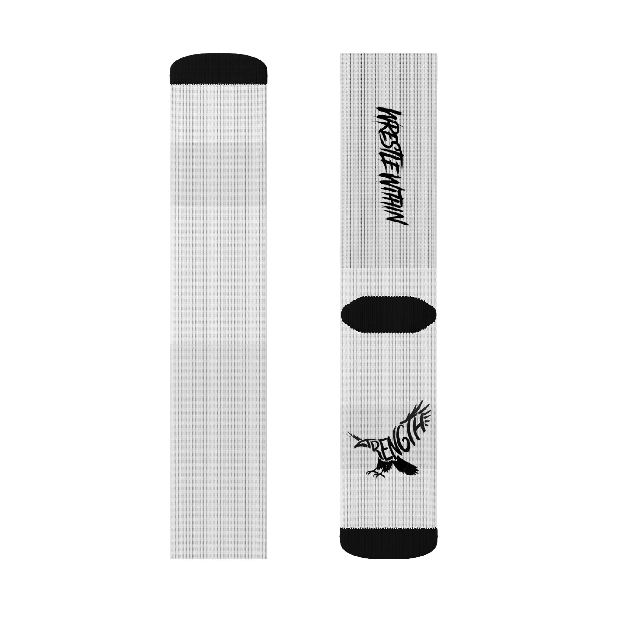 White Sublimation Crew Socks with Black Accent & Gothic Script Logo