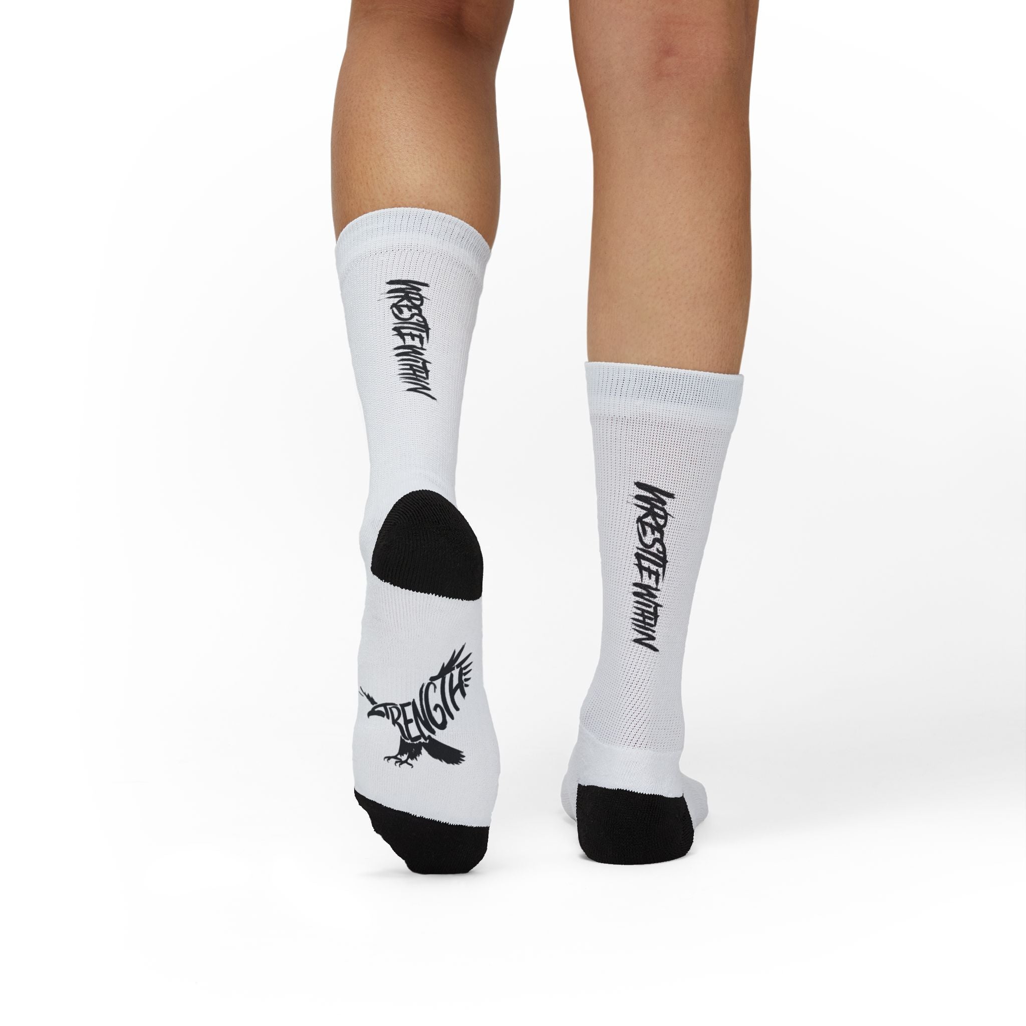 White Sublimation Crew Socks with Black Accent & Gothic Script Logo