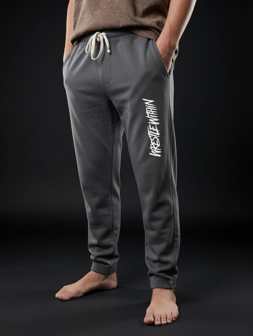 Garment-Dyed Fleece Sweatpants — Distressed Vertical “Wrestle Within” Joggers