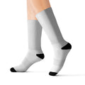 White Sublimation Crew Socks with Black Accent & Gothic Script Logo