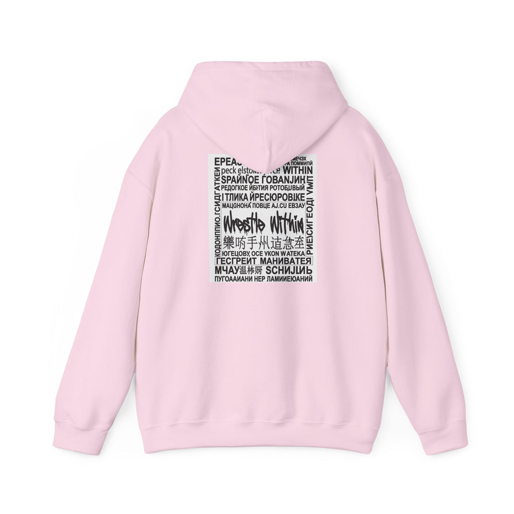 Wrestle Within Hoodie — Minimal Front Logo & Multilingual Back Graphic