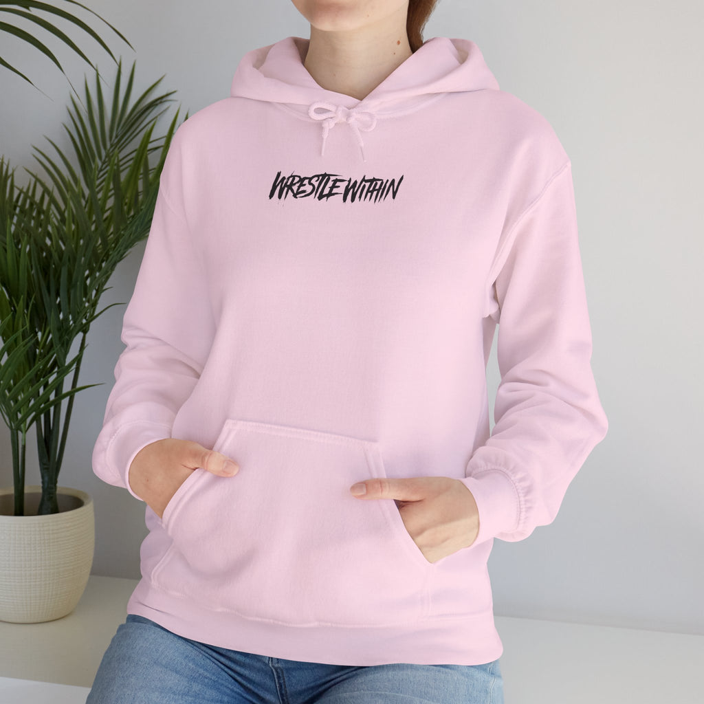 Wrestle Within Hoodie — Minimal Front Logo & Multilingual Back Graphic
