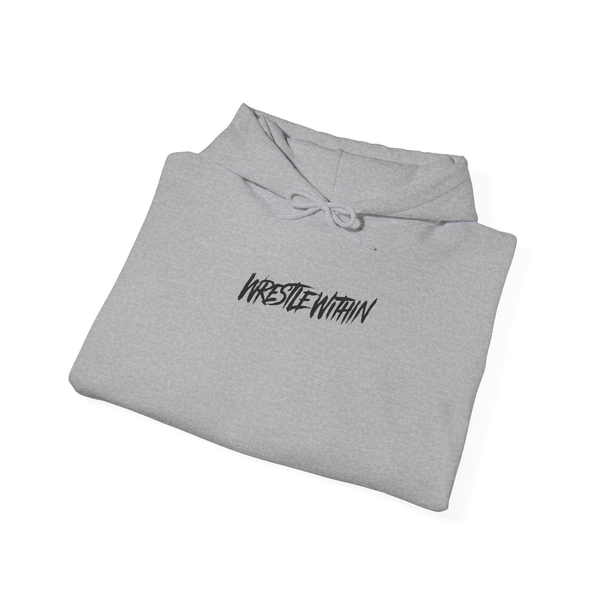 Wrestle Within Hoodie — Minimal Front Logo & Multilingual Back Graphic