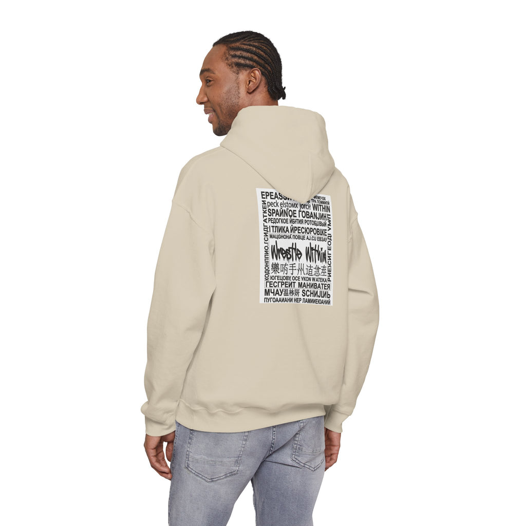 Wrestle Within Hoodie — Minimal Front Logo & Multilingual Back Graphic