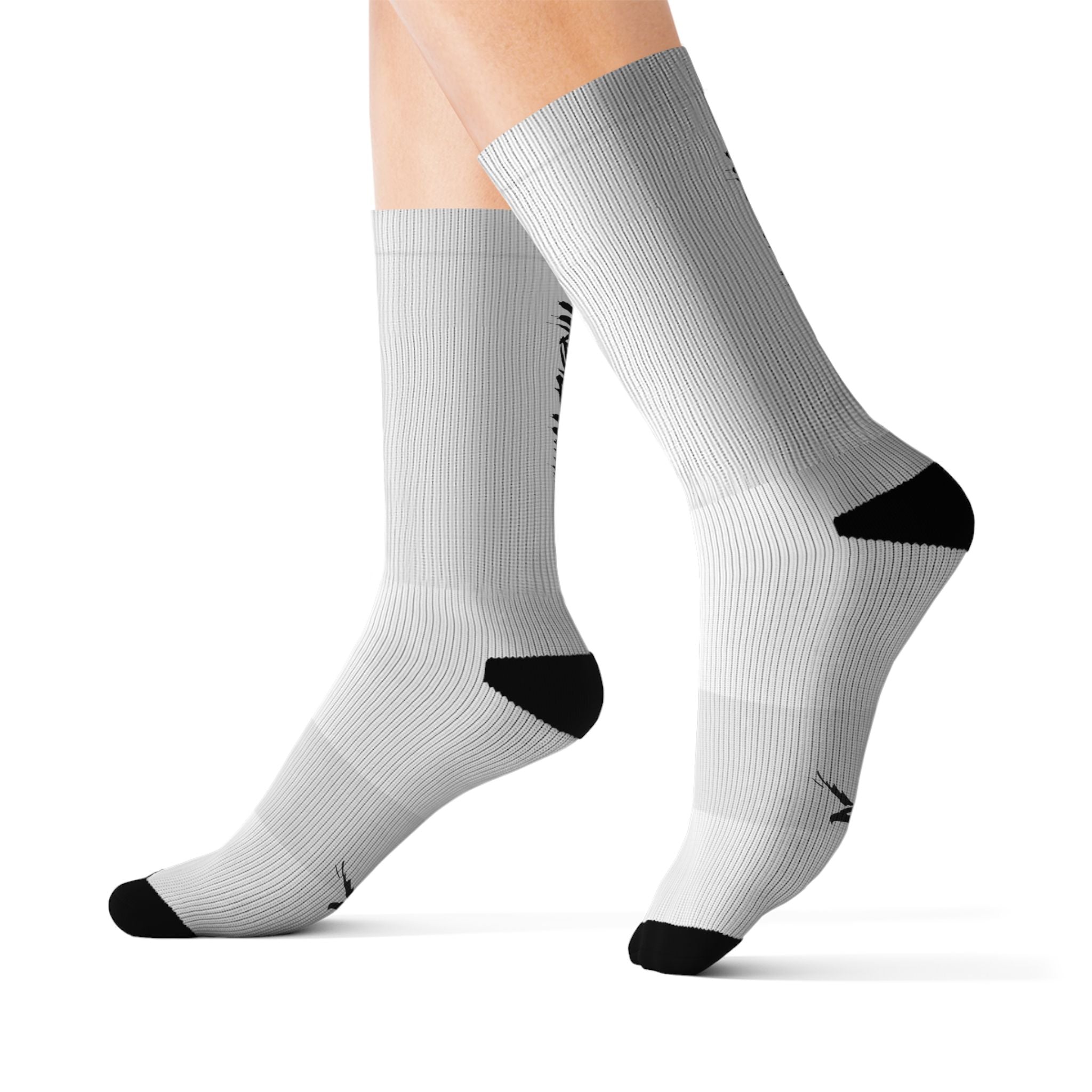White Sublimation Crew Socks with Black Accent & Gothic Script Logo