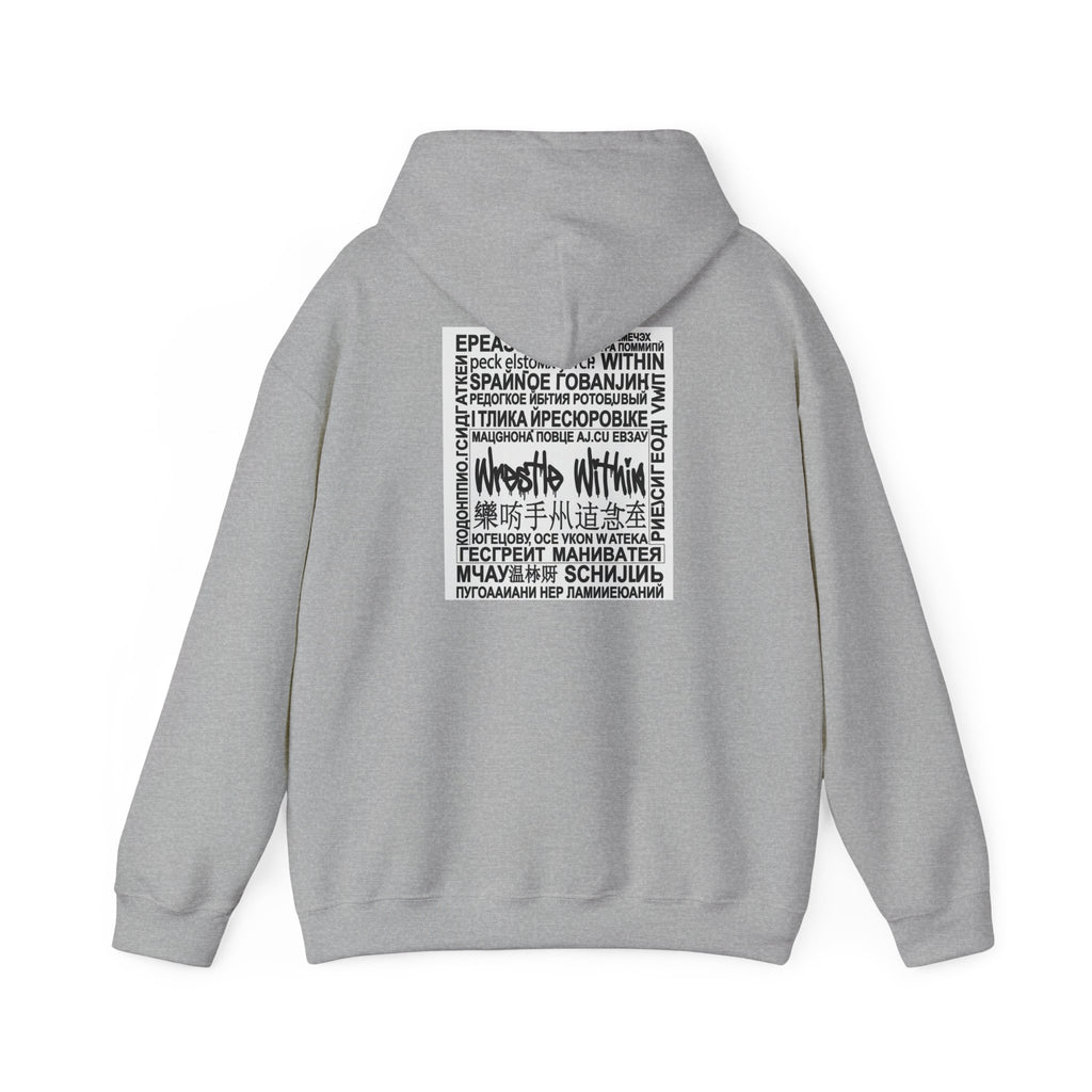 Wrestle Within Hoodie — Minimal Front Logo & Multilingual Back Graphic