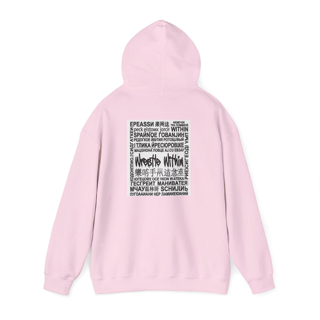 Wrestle Within Hoodie — Minimal Front Logo & Multilingual Back Graphic