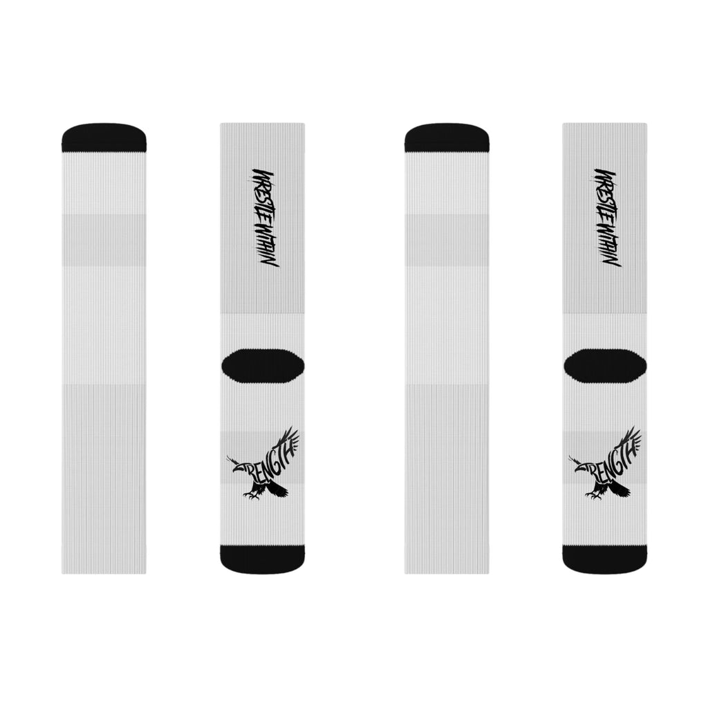 White Sublimation Crew Socks with Black Accent & Gothic Script Logo