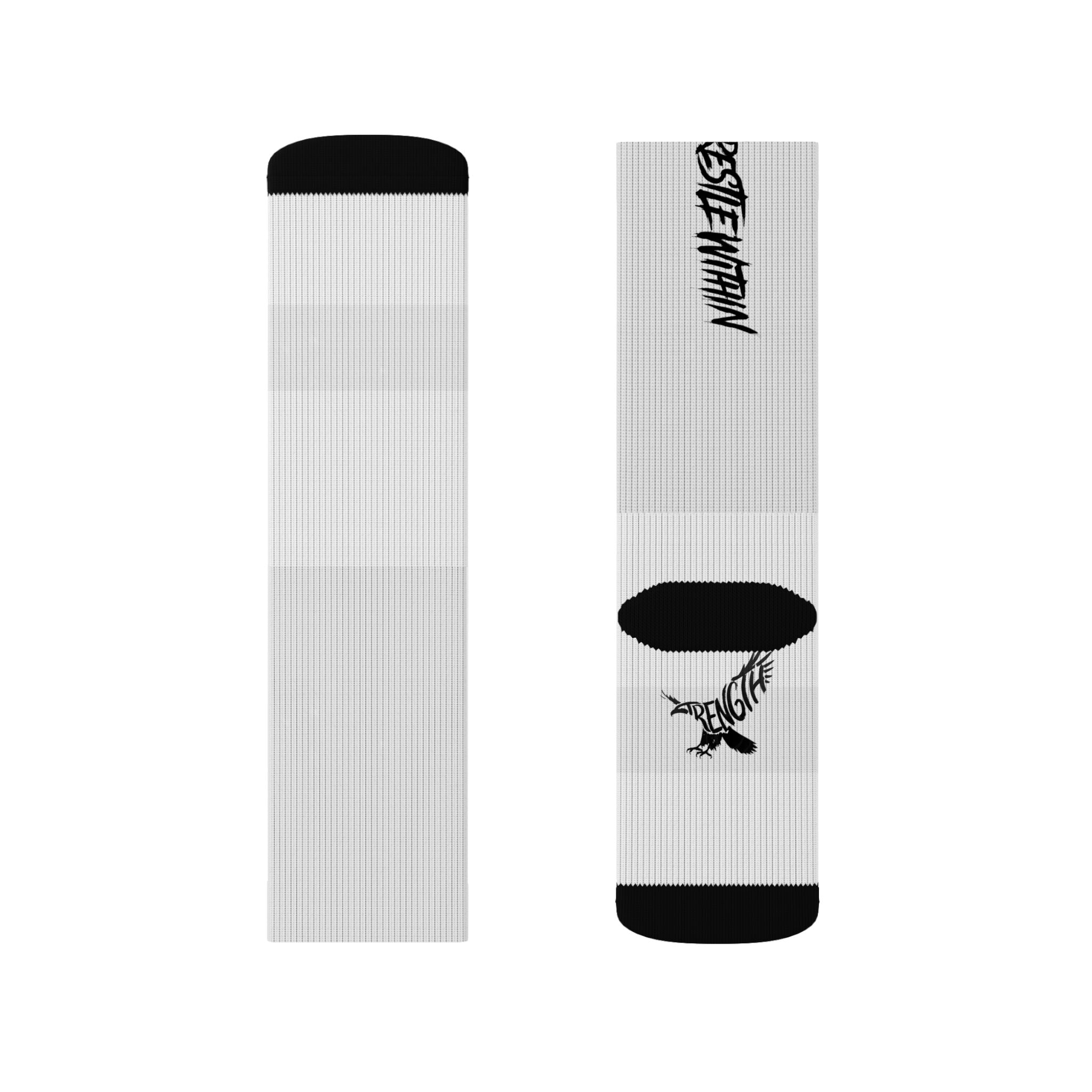 White Sublimation Crew Socks with Black Accent & Gothic Script Logo
