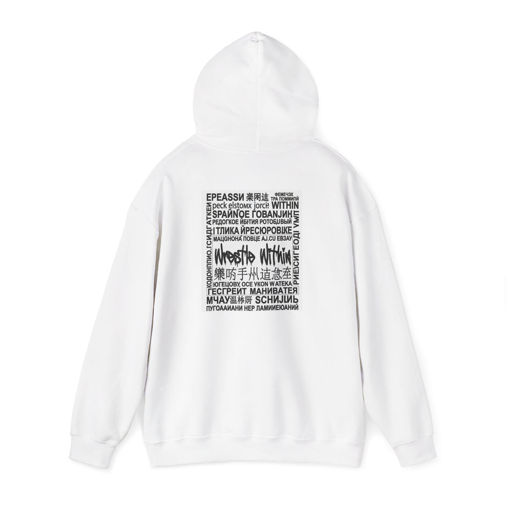 Wrestle Within Hoodie — Minimal Front Logo & Multilingual Back Graphic