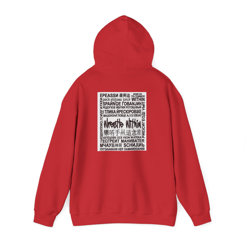 Wrestle Within Hoodie — Minimal Front Logo & Multilingual Back Graphic