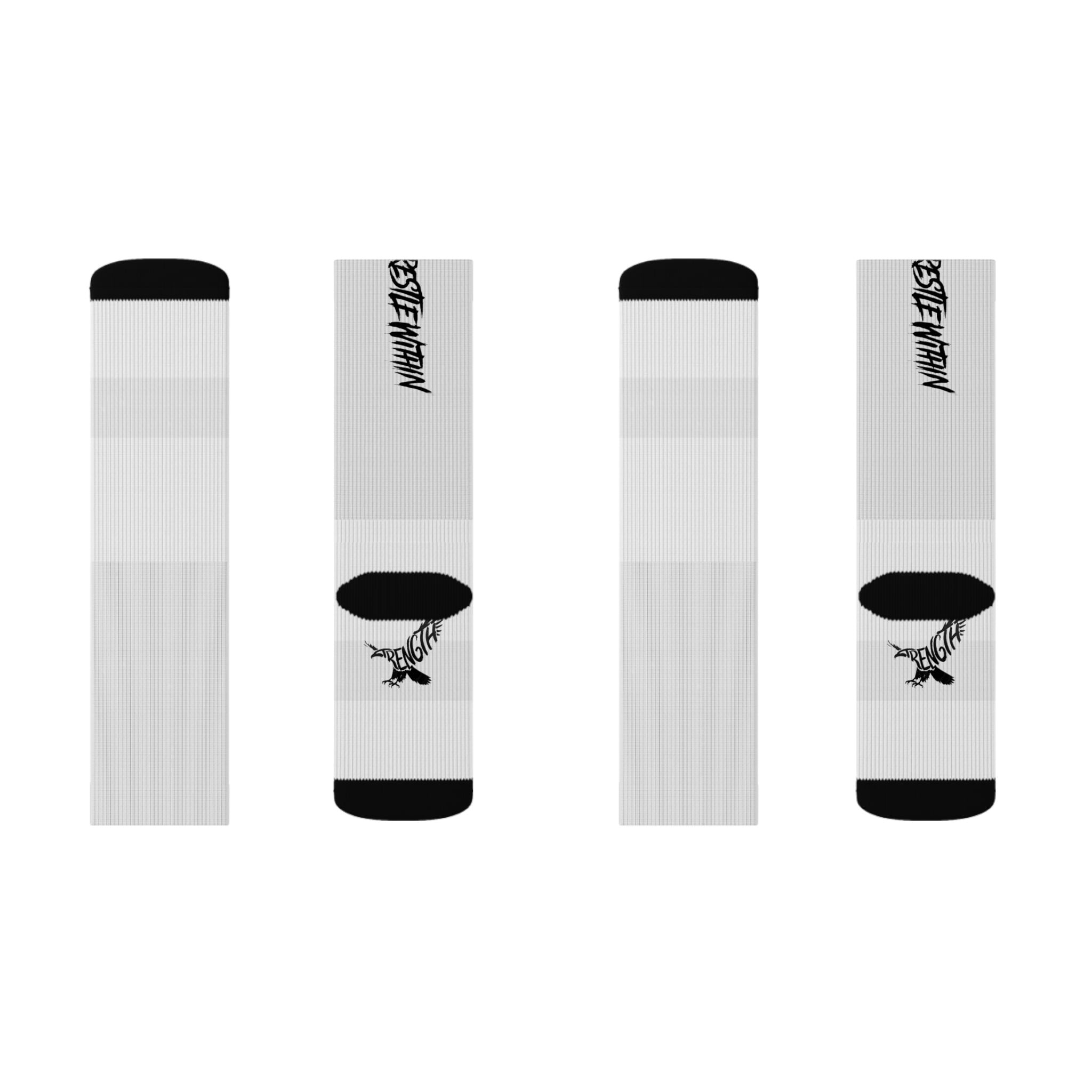 White Sublimation Crew Socks with Black Accent & Gothic Script Logo
