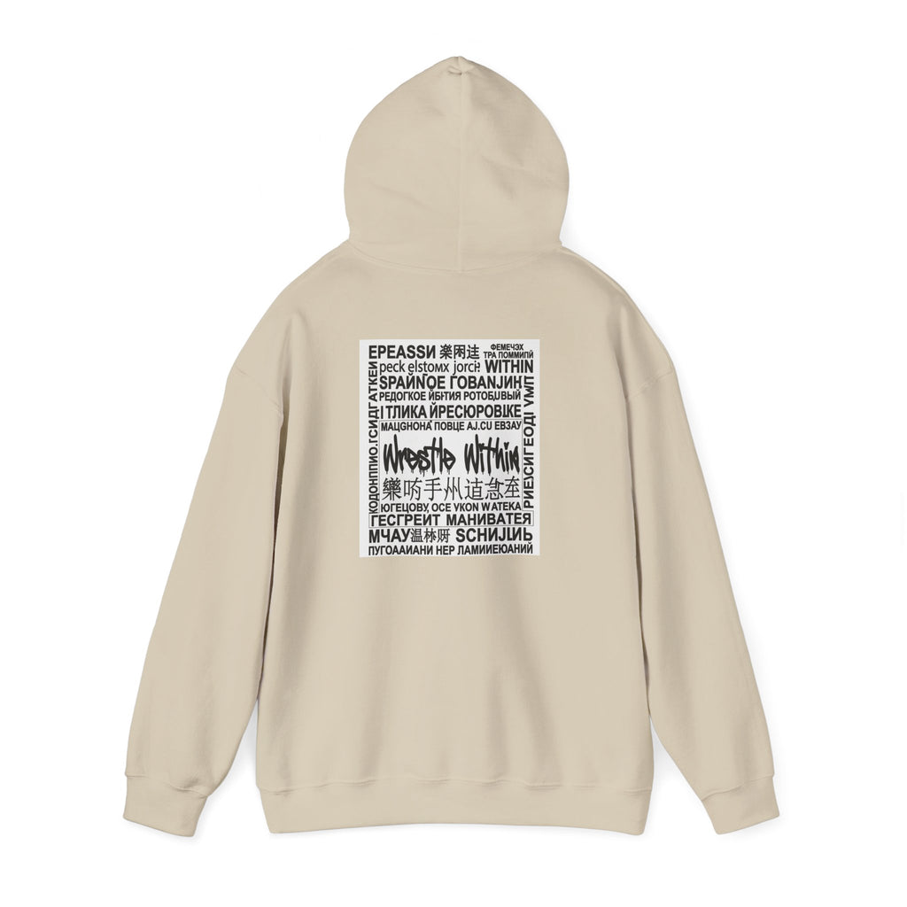 Wrestle Within Hoodie — Minimal Front Logo & Multilingual Back Graphic